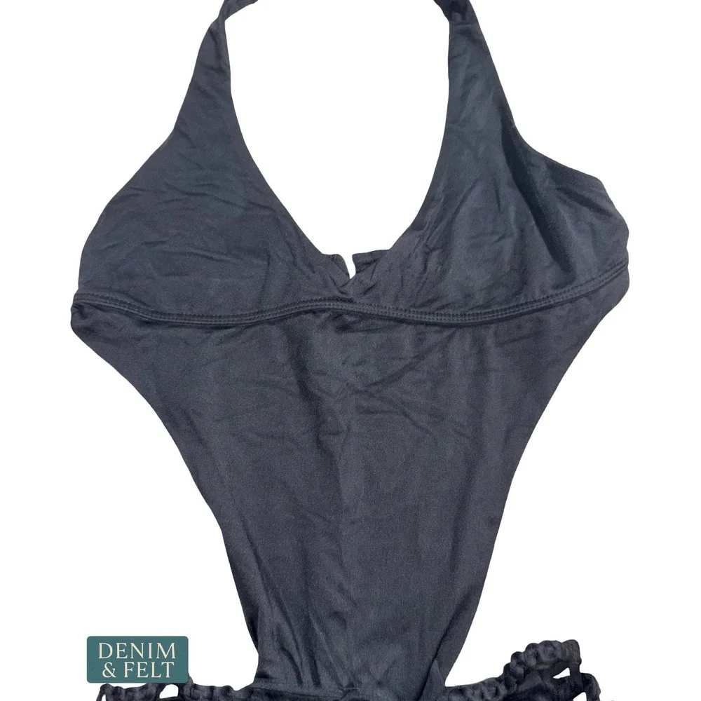 Frankies Bikinis Black Open Back Monokini Halter Swimsuit Braided Sides